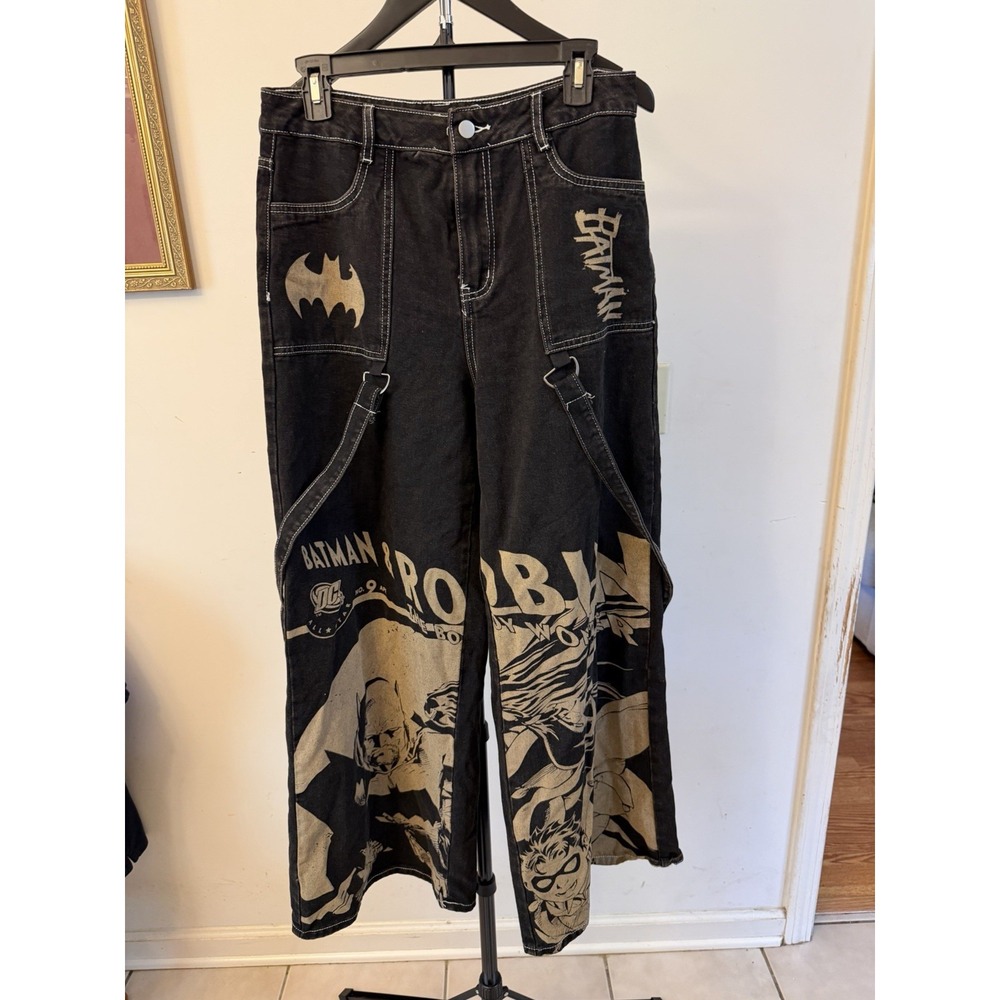 Romwe Batman & Robin Wide Leg Jeans Black Beige Graphics Size Large